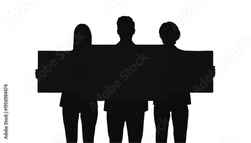 Three diverse people silhouettes stand together, holding a large blank rectangular sign for text overlay.