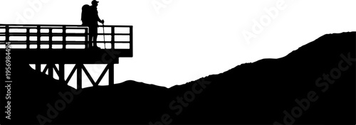 Silhouette, person on platform, observation deck, mountain landscape, black and white vector
