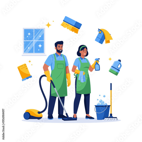 Professional Housekeeping Team Cleaning Service with Vacuum and Supplies