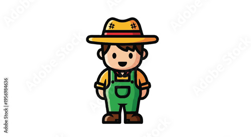 Cartoon farmer illustration with hat and overalls on white background