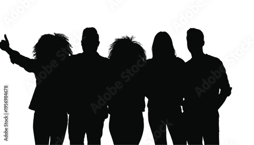 One silhouette in a lineup of five raises an arm with an upward thumb gesture indicating approval or success.