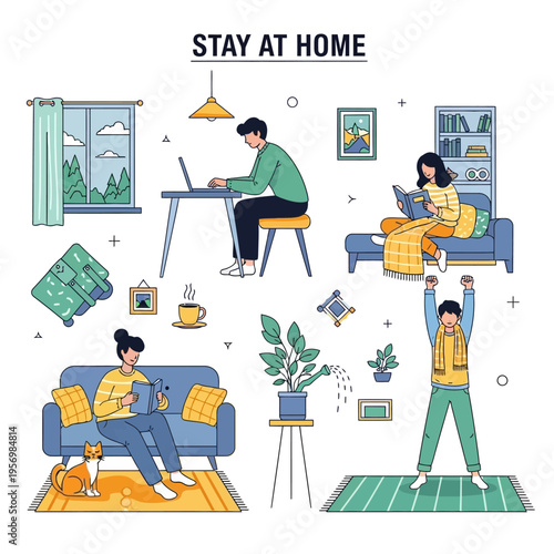 Stay at Home: People working, reading, exercising, and relaxing in cozy apartment