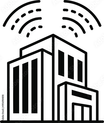 A simple line drawing of a building with wireless signal emanating from the top
