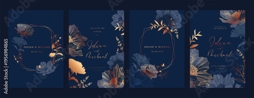 Navy Blue Luxury Wedding Invitation, floral invite thank you, rsvp modern card Design in gold flower with  leaf greenery  branches decorative Vector elegant rustic template