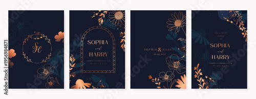 Navy Blue Luxury Wedding Invitation, floral invite thank you, rsvp modern card Design in gold flower with  leaf greenery  branches decorative Vector elegant rustic template