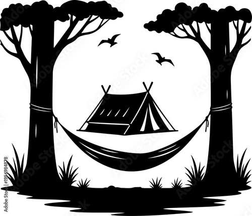 Vector illustration of hammock and tent in forest, camping silhouette
