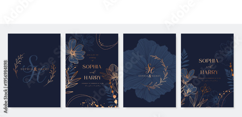 Navy Blue Luxury Wedding Invitation, floral invite thank you, rsvp modern card Design in gold flower with  leaf greenery  branches decorative Vector elegant rustic template