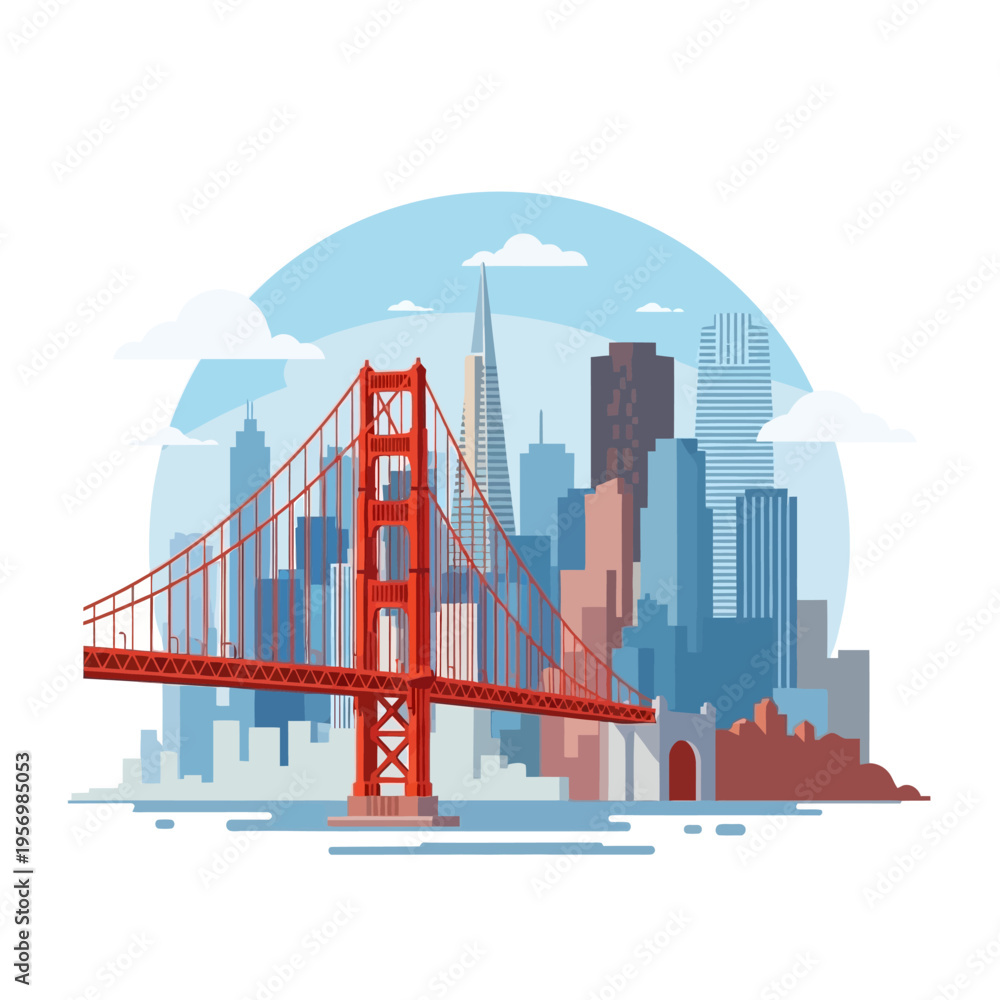 Obraz premium Golden Gate Bridge and San Francisco Skyline, Flat Design Illustration