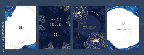 Navy Blue Luxury Wedding Invitation, floral invite thank you, rsvp modern card Design in gold flower with  leaf greenery  branches decorative Vector elegant rustic template