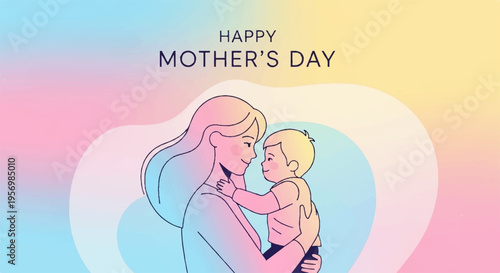 Mother's day illustration of a loving mom holding baby pastel heart background