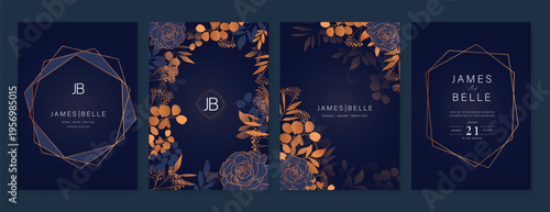 Navy Blue Luxury Wedding Invitation, floral invite thank you, rsvp modern card Design in gold flower with  leaf greenery  branches decorative Vector elegant rustic template