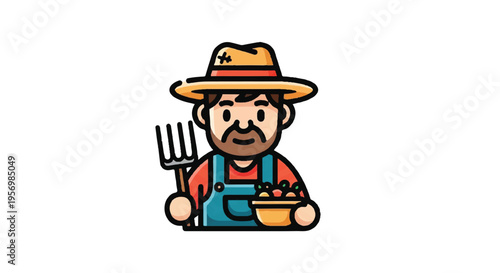 Cartoon farmer with pitchfork and harvested produce isolated vector illustration
