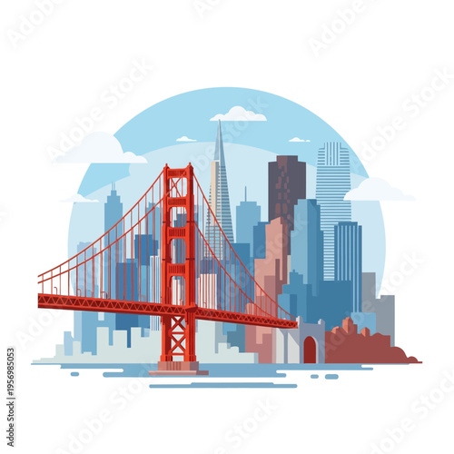 Golden Gate Bridge and San Francisco Skyline, Flat Design Illustration