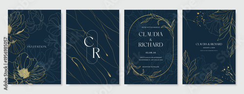 Navy Blue Luxury Wedding Invitation, floral invite thank you, rsvp modern card Design in gold flower with  leaf greenery  branches decorative Vector elegant rustic template