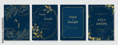 Navy Blue Luxury Wedding Invitation, floral invite thank you, rsvp modern card Design in gold flower with  leaf greenery  branches decorative Vector elegant rustic template