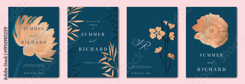 Navy Blue Luxury Wedding Invitation, floral invite thank you, rsvp modern card Design in gold flower with  leaf greenery  branches decorative Vector elegant rustic template