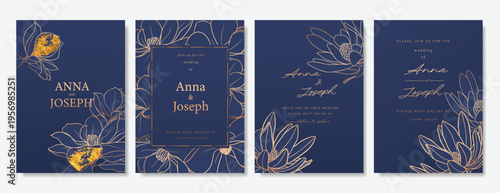 Navy Blue Luxury Wedding Invitation, floral invite thank you, rsvp modern card Design in gold flower with  leaf greenery  branches decorative Vector elegant rustic template