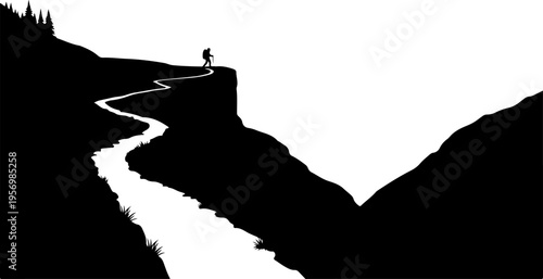 Vector silhouette of person hiking on mountain trail