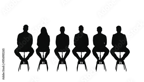 Six anonymous figures seated side by side on high stools in a row viewed from the back as silhouettes.
