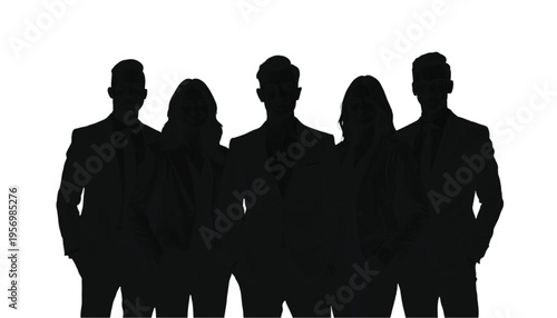 Group silhouette of five diverse business professionals standing together formally dressed in suits against.