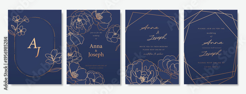 Navy Blue Luxury Wedding Invitation, floral invite thank you, rsvp modern card Design in gold flower with  leaf greenery  branches decorative Vector elegant rustic template