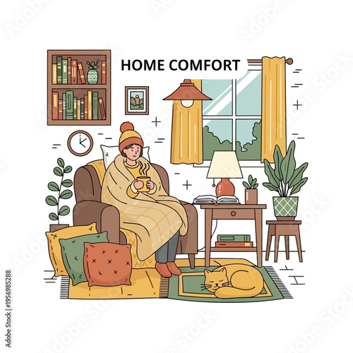 Cozy Home Comfort: Person Relaxing in Armchair with Blanket and Hot Drink, Cat Sleeping