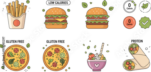 Healthy and Fast Food Vector Illustration Set Featuring Burgers Fries Pizza Salad Wrap and Nutrition Labels Including Gluten Free Low Calories and Protein Icons in Flat Style