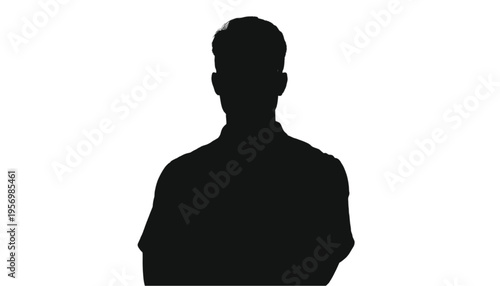 Head and shoulders silhouette portrait of an anonymous male figure standing upright against a stark white.