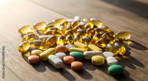 A collection of colorful medical pills and translucent gel capsules scattered on a rustic wooden table under bright sunlight illustration