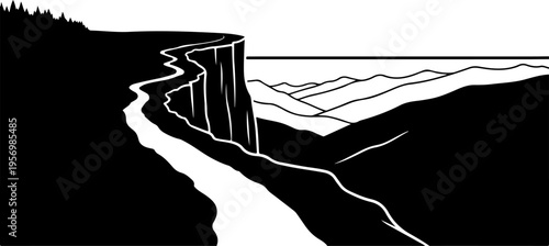 Black and white landscape vector illustration with cliff and river