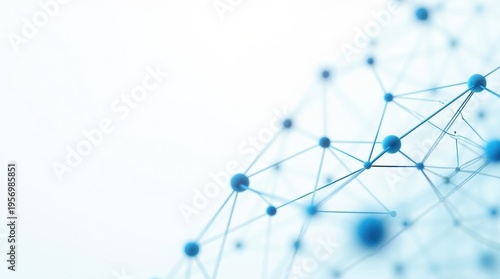Abstract blue geometric network of interconnected nodes and lines on a clean white background, science and technology concept, abstract pattern