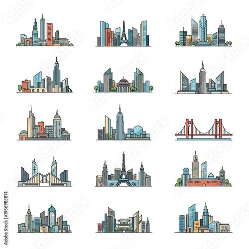 Modern City Skylines Collection: Diverse Architectural Styles, Urban Landscapes, Vector Illustrations