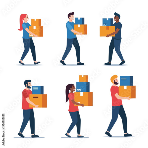 Diverse people carrying stacked boxes, illustration of delivery, shipping, and moving services