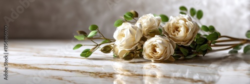 Elegant Bouquet With Roses Placed on a Marble Surface Under Soft Side Lighting and Clean Background for a High-End Branding Display