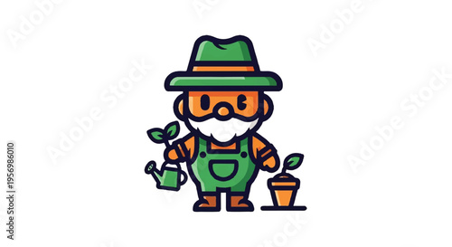 Cartoon gardener holding plants and watering can on white background