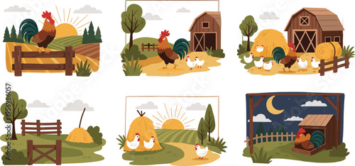 Farm Vector Illustration Set Featuring Rooster Chickens Barn Fence Haystack Sunrise and Rural Landscape Scenes in Flat Cartoon Style for Agriculture Nature and Countryside Design Projects