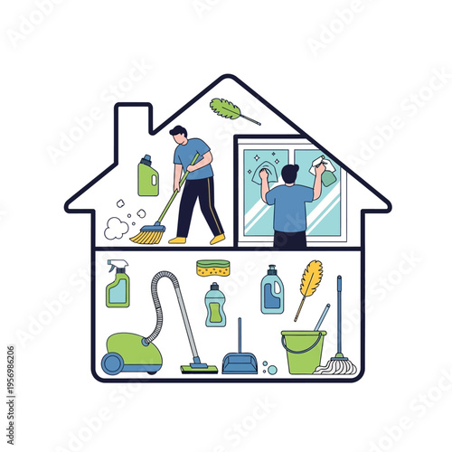 Home cleaning service: people tidying up a house with vacuum, broom, and spray bottles.