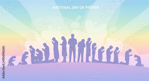 People in yoga poses at sunrise or sunset with colorful sky background and purple silhouettes