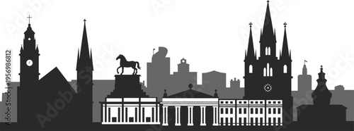 Silhouette of city skyline with prominent church towers and classical buildings