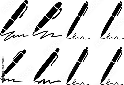 Set of Pen Writing Signature Silhouette Vector Illustration