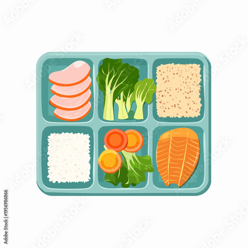 Healthy lunch tray with rice, vegetables, salmon, and meat slices, perfect for meal prep and healthy eating