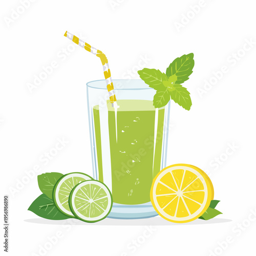 Fresh and vibrant vector illustration of a healthy green detox drink, garnished with crisp mint, refreshing lemon, and zesty lime slices, perfect for wellness