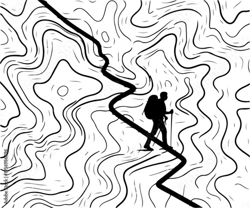 Vector illustration of hiker on topographic map background