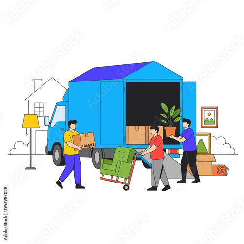 Movers Loading Truck with Furniture and Boxes, Home Relocation Service