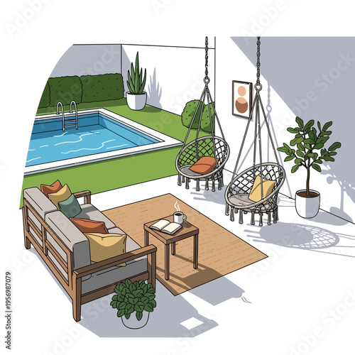 Modern Outdoor Living Space with Pool, Sofa, and Hanging Chairs