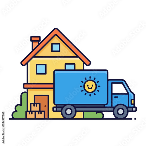 Moving truck with boxes outside a house, concept of relocation and delivery