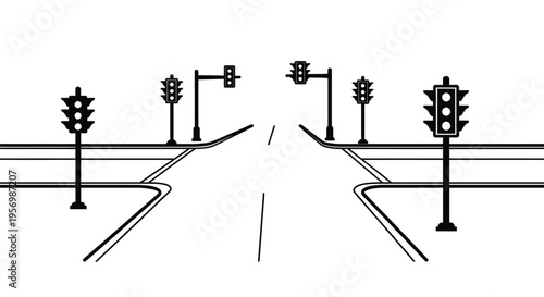 Road intersection with traffic lights depicted in black silhouette