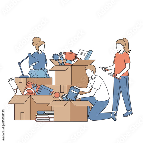 People packing boxes for moving, illustration of household items and books, teamwork concept