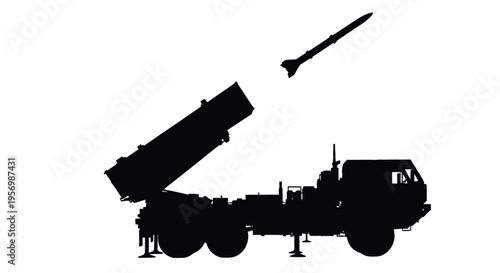 Military launch system firing a missile into the air silhouette