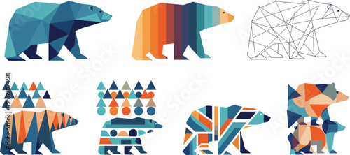 Geometric Polar Bear Vector Illustration Set Featuring Low Poly Abstract Pattern and Line Art Designs of Arctic Wildlife in Modern Flat Style for Creative and Branding Projects